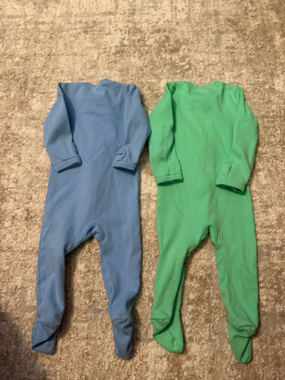 Primary Organic Cotton Footed One-Piece Sleepers in Blue and Green size 3/6M